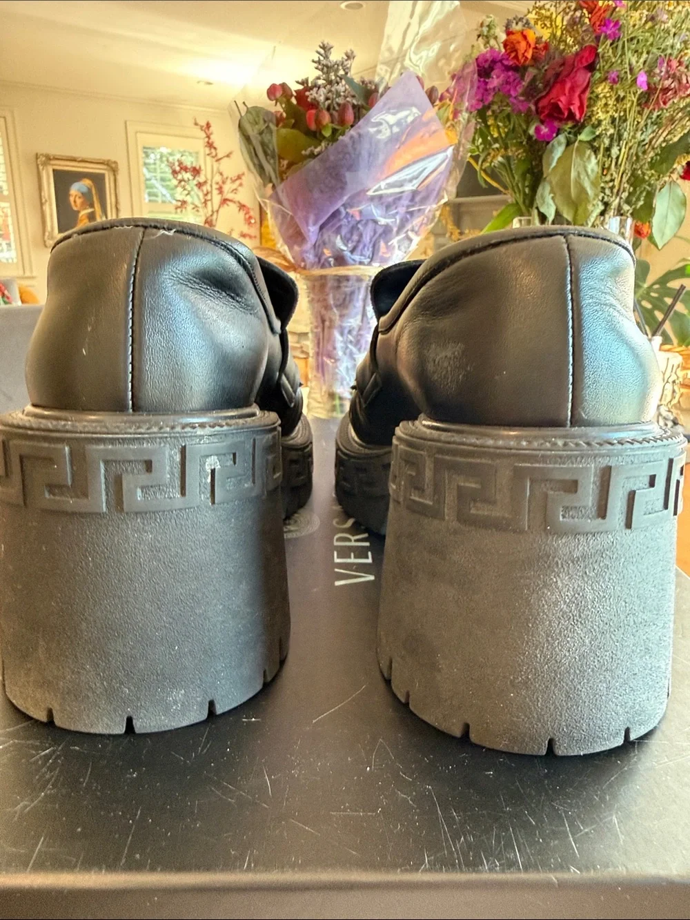 Versace Black Leather Loafers with Gold Medusa Hardware barely used size 38